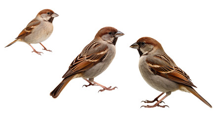 House sparrow bird in various poses including flying and perching natural wildlife on a transparent background