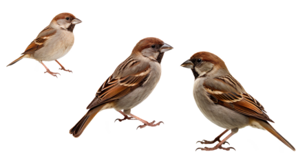 House sparrow bird in various poses including flying and perching natural wildlife on a transparent background