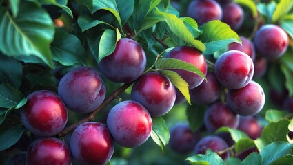 Obraz premium Red ripe plums on the tree detailed view. Branches of the tree featuring mature fruits.