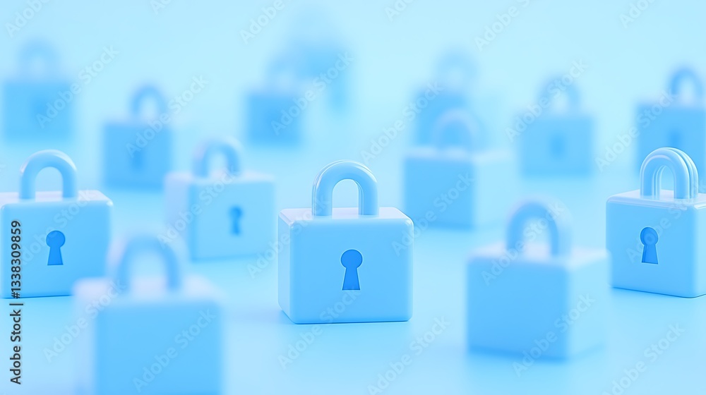 Poster abstract blue background with multiple 3d locks representing security and protection concept in tech