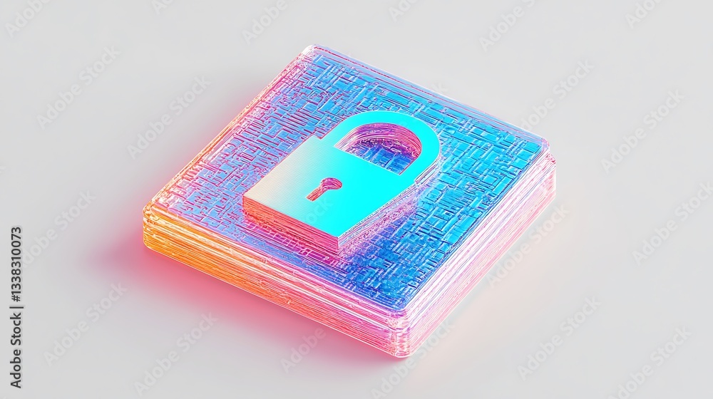 Poster abstract colorful digital lock on a shiny square with intricate patterns representing security and p