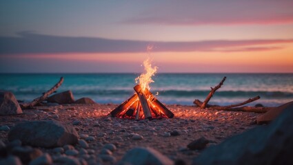 Beach bonfire at a tranquil sunset