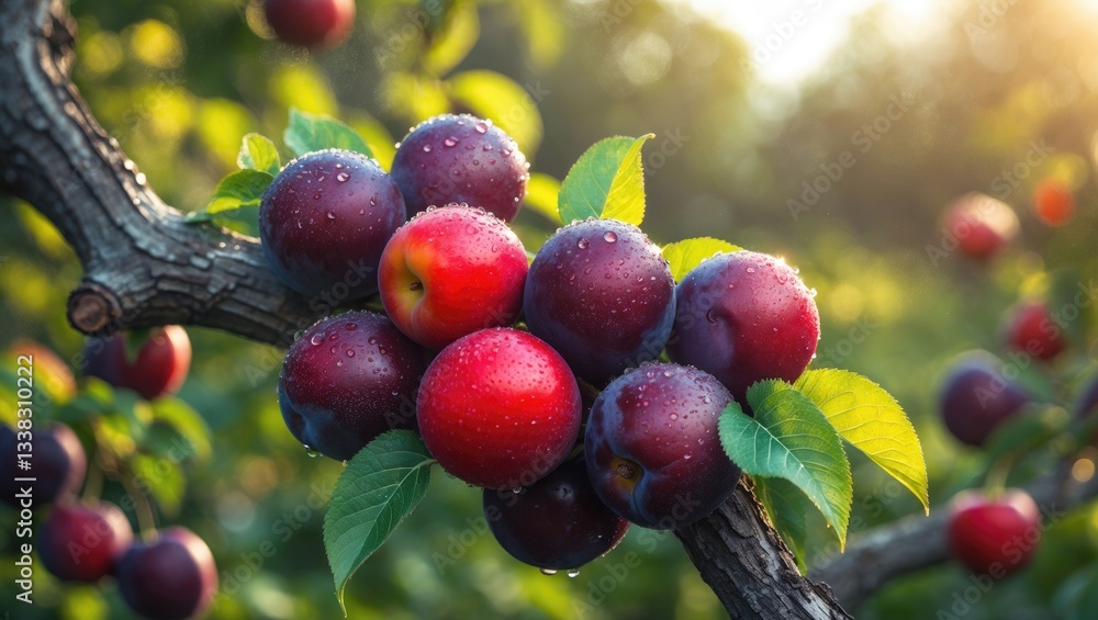 Aufkleber ripe cherry plums clustered on a tree branch up close.