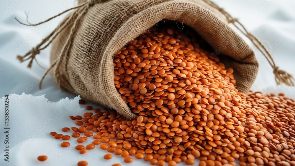 Poster red lentils spilled from a sack on a white background. red lentils in a burlap bag. nutritious food.