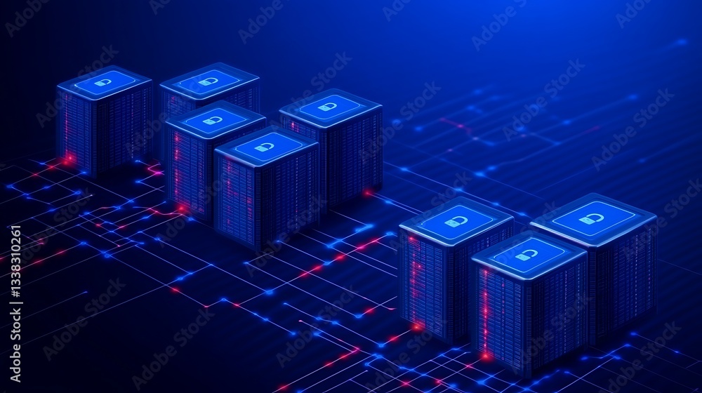 Poster abstract digital background with data storage structures and connecting lines in blue and red colors