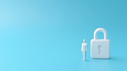 Fototapeta premium Abstract concept of security and privacy with a figure and a large padlock on a bright blue background