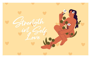 Inspiring card design with sensual nude woman with flowers. Template of postcard with naked black girl is wrapped with leaves. Concept of self love, care yourself, harmony. Flat vector illustration.