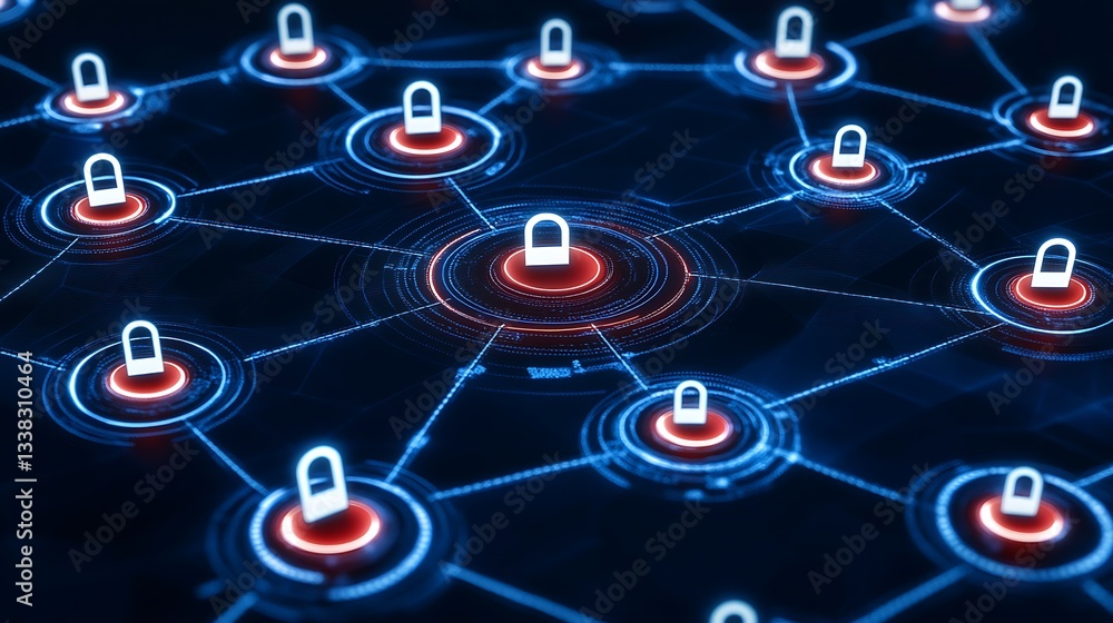 Poster abstract digital network illustration featuring padlocks and connections in a futuristic setting