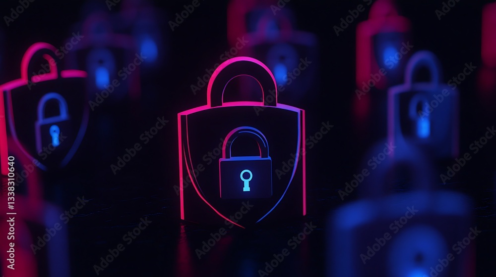 Aufkleber abstract digital security concept with neon locks and shield in a dark environment