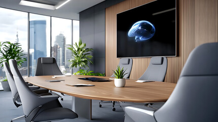 Futuristic tech-focused meeting room for innovative businesses modern office interior design urban landscape professional viewpoint collaboration concept