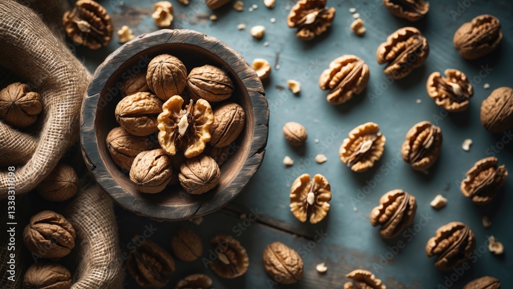 Poster Fresh and ripe walnut kernels in a bowl or burlap sack without shells on a rustic table, nutritious nut food for the brain.