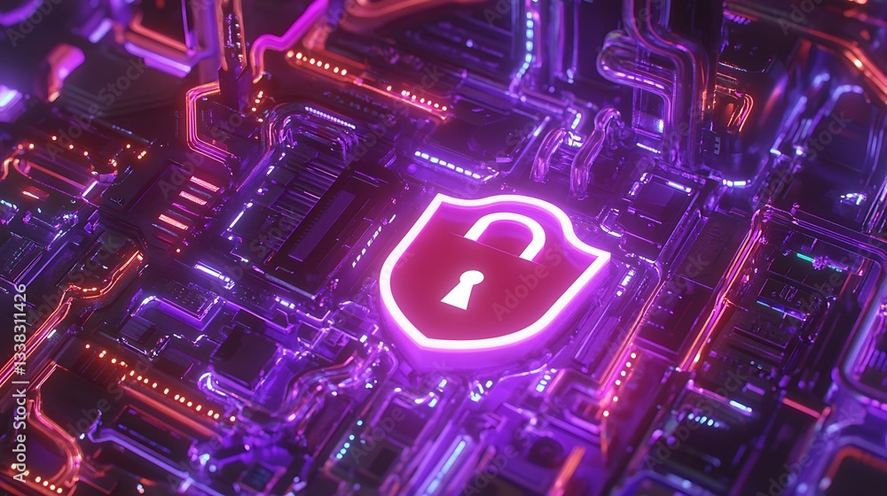 Poster abstract technology design featuring glowing digital lock icon on circuit board with neon lights in 