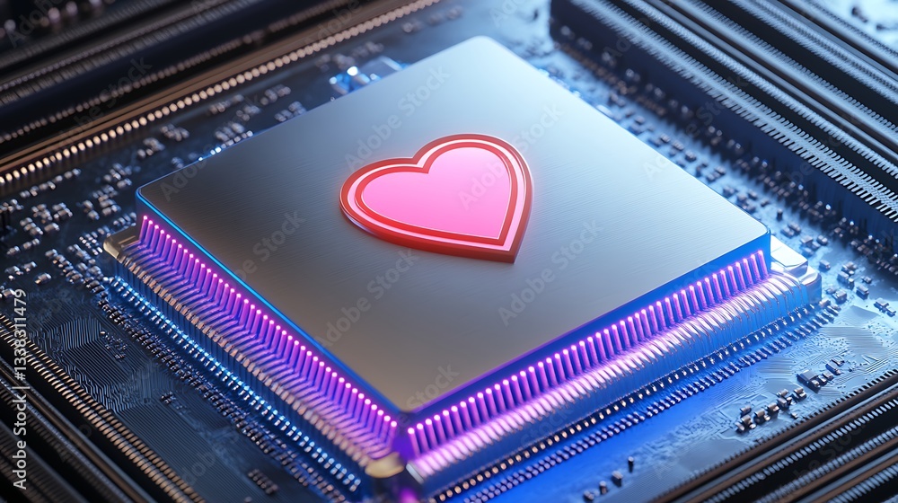 Poster advanced computer chip with heart symbol representing technology and love for innovation and connect