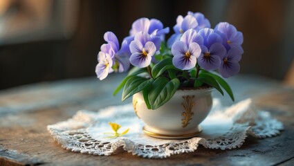 Blooming domestic blue perennial in a planter.