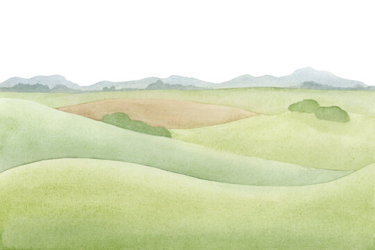 Simple green hills and fields watercolor illustration isolated on white background. Minimalist rural landscape for summer farm and countryside designs. Horizontal meadows panoramic clipart