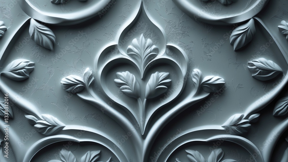 Poster Close-up of a grey textured surface displaying an embossed pattern. The design showcases repeating floral motifs arranged in a specific formation. The texture has a slightly grainy quality.