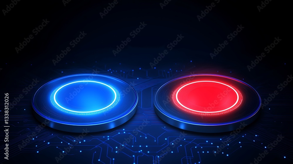 Aufkleber blue and red buttons on circuit board background with digital technology influence in dark environme