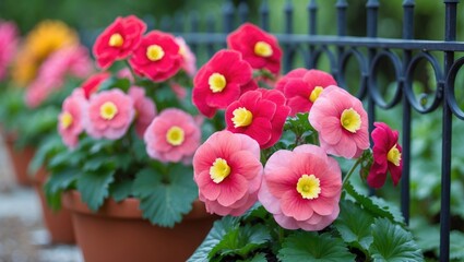 Obraz premium Begonia flowers thrive in a flowerbed. Red begonia blossoms for landscaping decor.