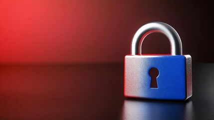 Fototapeta premium Blue and Silver Padlock on Dark Surface with Red and Black Background for Security and Protection Themes