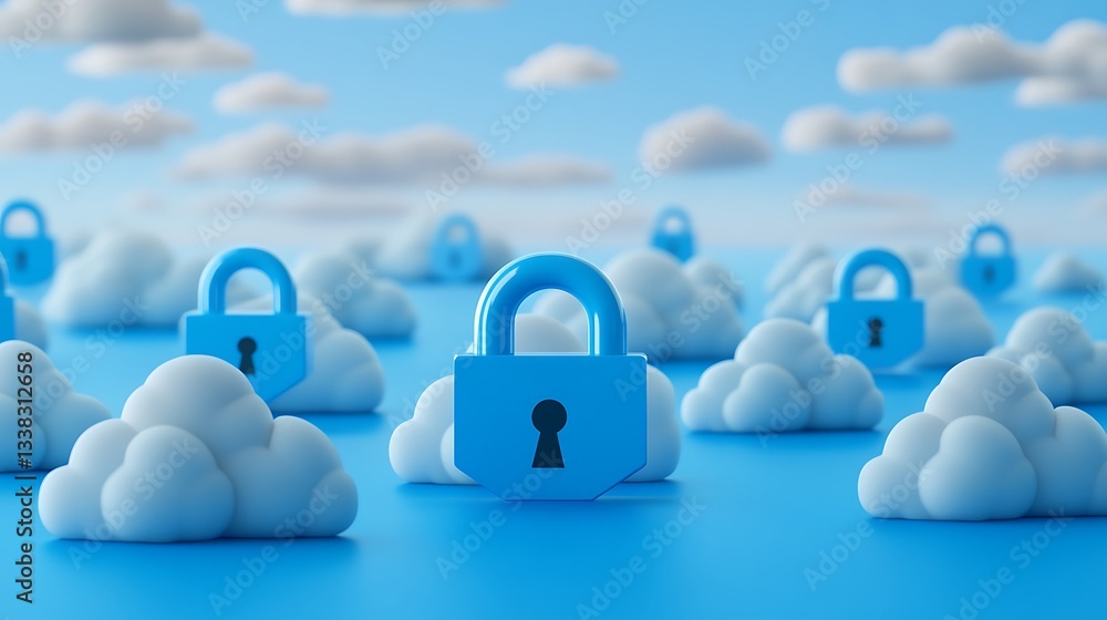 Poster blue cloud computing with security locks representing data protection and privacy in the digital age