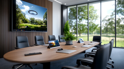 Hybrid conference room experience in a nature-inspired environment with technology integration modern design and collaborative space