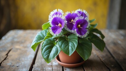 Blooming vibrant purple flower on wooden table with yellow backdrop.