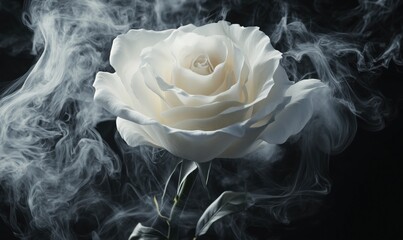 White rose surrounded by ethereal smoke creating a mystical atmosphere