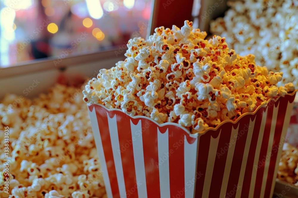 Poster a vibrant and tempting view of a large bucket overflowing with delicious popcorn, ready for a movie 