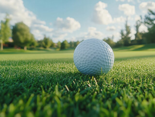 Obraz premium Golf ball and golf club on grass, golf course background, blue sky with white clouds Generative AI 