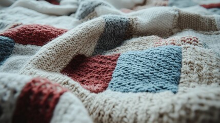 Fototapeta premium Upcycling Craft for Sustainable Fashion Creations Concept. Cozy knitted blanket with colorful patchwork patterns draped elegantly on soft surface