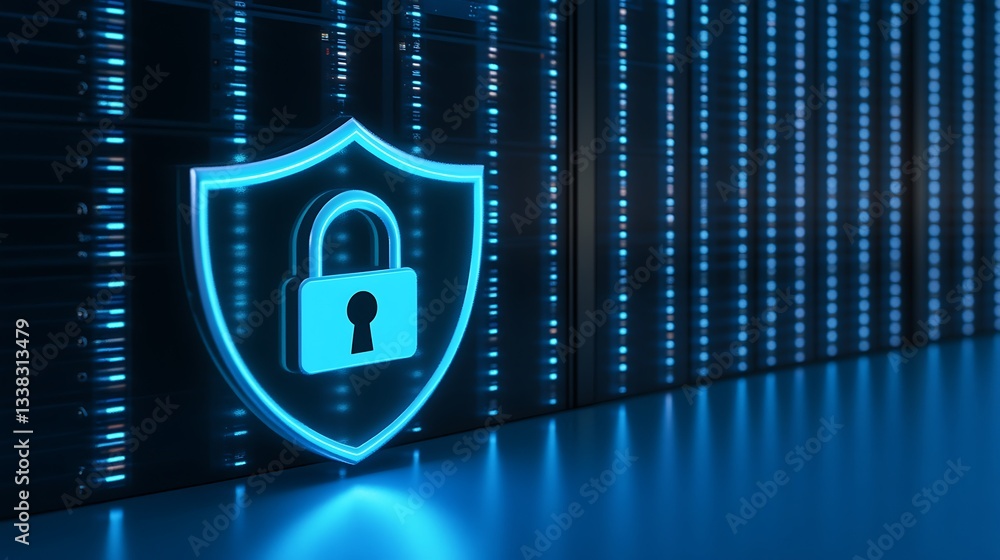 Poster blue digital security shield with lock symbol against server background with data streams