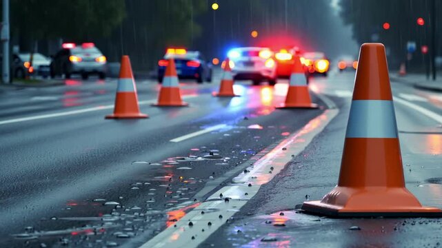 Emergency response units manage road incident during heavy rain with traffic cones marking the area in an urban setting