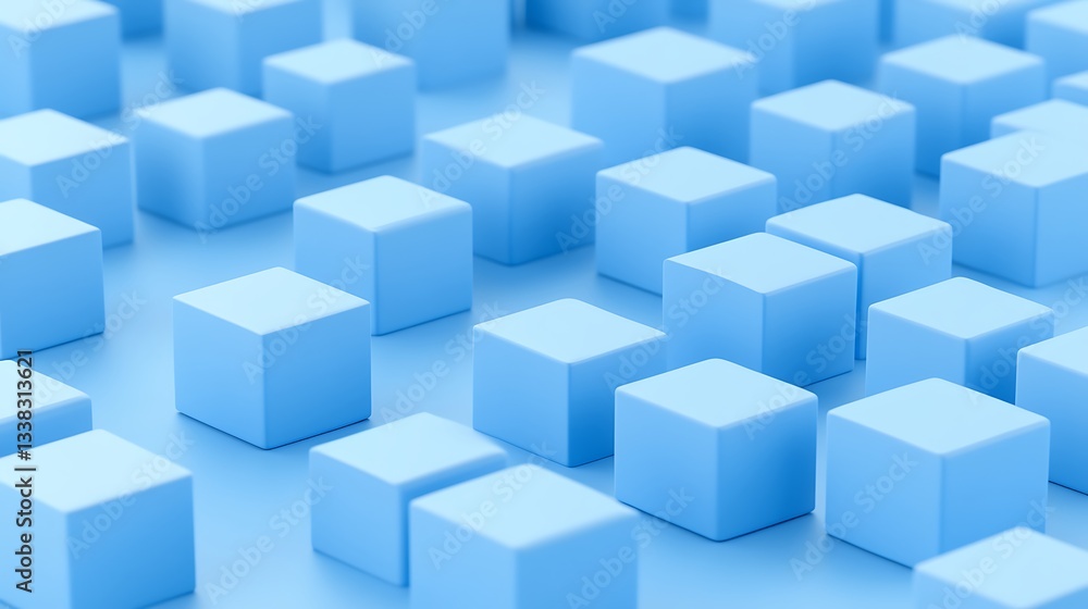 Poster blue geometric cubes arranged in a pattern on a soft blue background creating a modern and minimalis