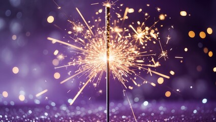 Beautiful sparklers created from sparklers on a purple bokeh background, mood, glitter, holiday backdrop.