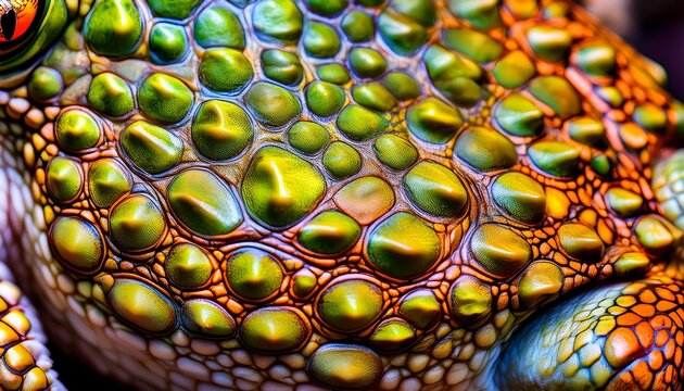 Macro close-up of frog skin showing detailed texture and vibrant colors. High-resolution, perfect for biology, nature, and wildlife design projects.