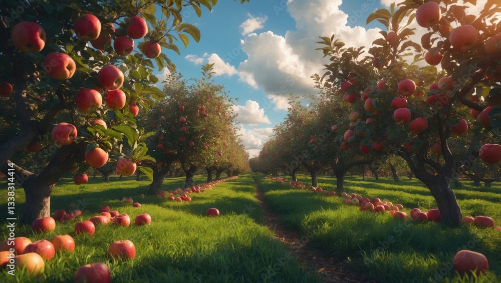Aufkleber apple orchard featuring branches laden with red ripe apples. two rows of apple trees brimming with f