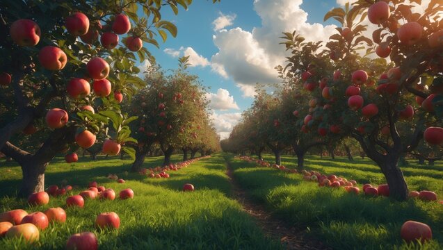 Apple orchard featuring branches laden with red ripe apples. Two rows of apple trees brimming with fruit under a clear blue sky, nearly ready for harvesting. Apple orchard. Shot. - Powered by Adobe