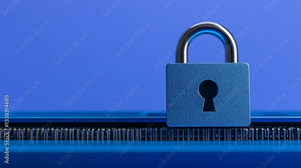 Poster blue lock with keyhole on a blue surface representing security and protection in digital and physica