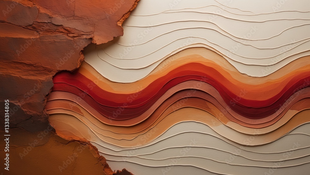 Poster Abstract art background featuring dark brown hues. Watercolor painting on canvas showcasing a gradient pattern of red waves. Fragment of artwork on paper with a rusty wavy line.