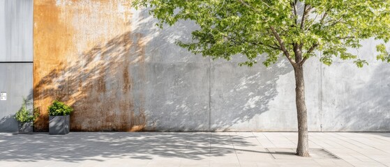 Metallic wall reflecting tree shadow in urban architecture.