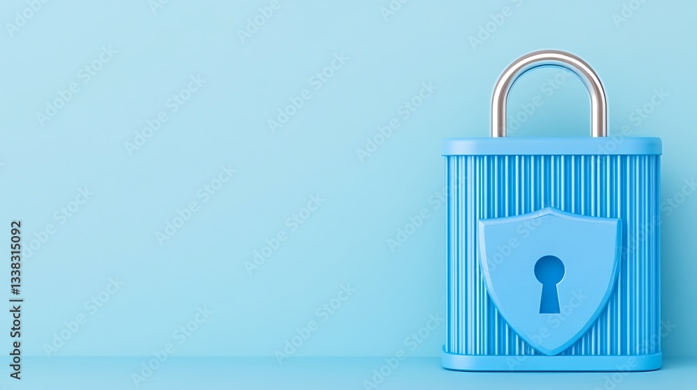 Poster blue lock with shield symbol on a soft blue background for security and protection concepts
