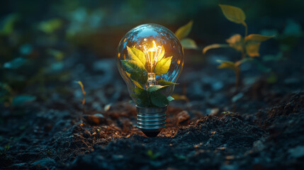 Glowing Lightbulb with Green Leaves Inside Symbolizing Eco-Friendly Growth in Soil
