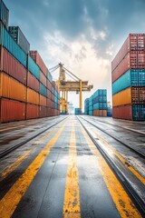 Fototapeta premium Shipping Containers in a Cargo Port, Global Trade and Logistics Industrial Background, Sunny Day.