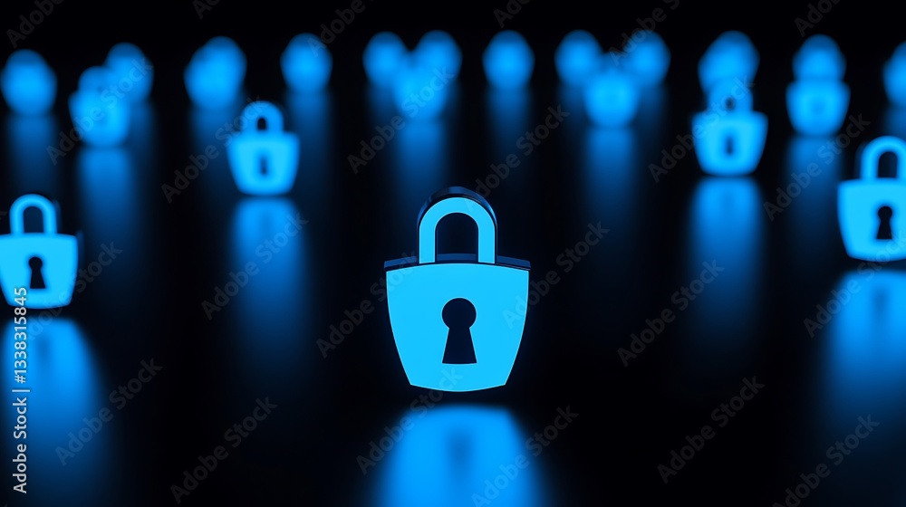 Aufkleber blue neon locks on dark background symbolizing digital security and data protection concepts for mod