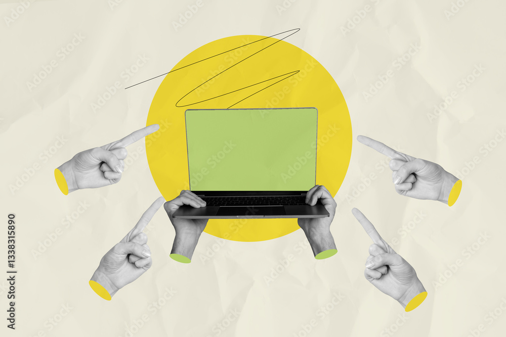 Fototapete template collage image of human hands showing presenting screen netbook pointing