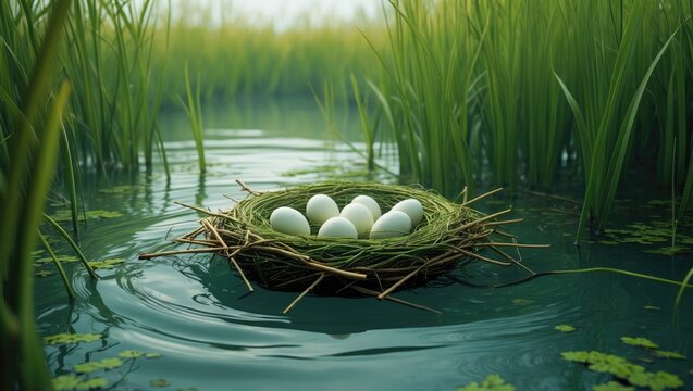 Floating nest in reed beds abundant with common reed. Bird's Nest Guide. Nidology.