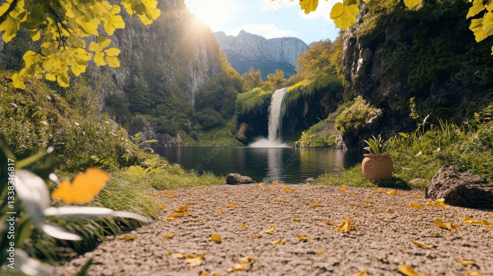 Poster waterfall cascading into scenic pool.