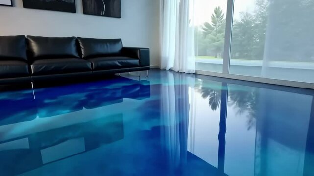 Innovative epoxy floor design transforms modern living room with vibrant colors and unique patterns