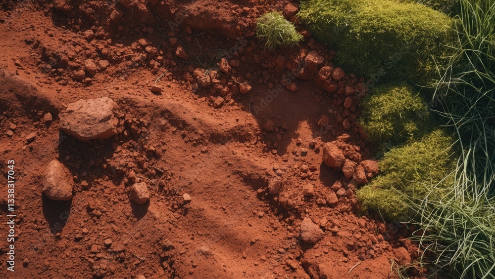 Poster red soil with a grassy backdrop or texture.