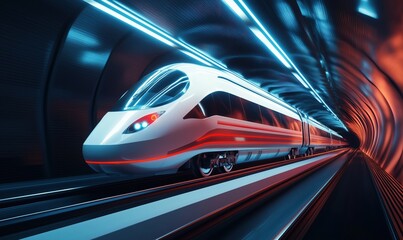 Fototapeta premium Futuristic high-speed train in illuminated tunnel with dynamic lighting effects